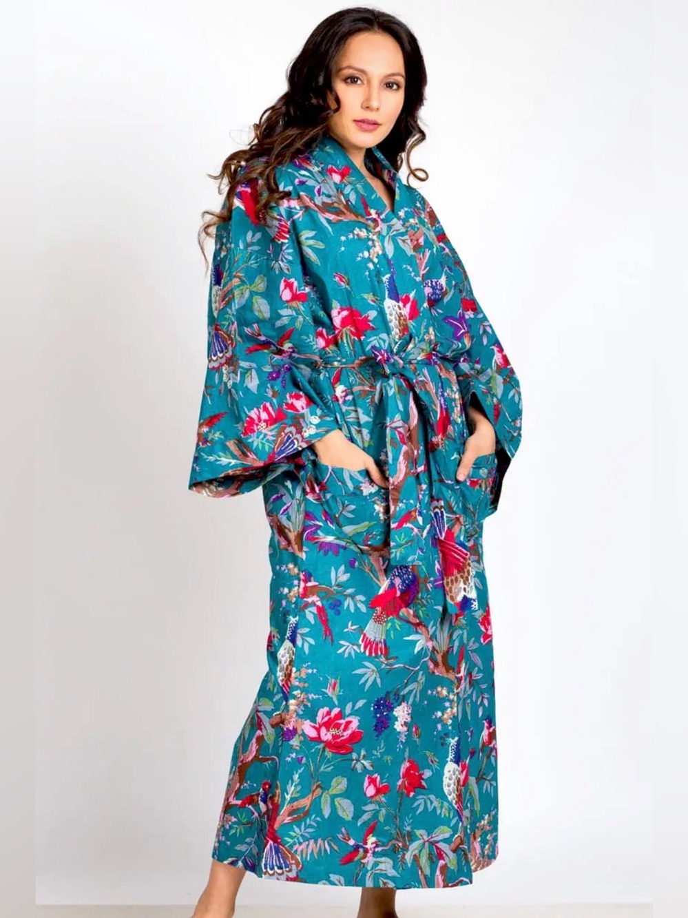 Teal and Rose Rani Printed Cotton Kimono Robe Made in India